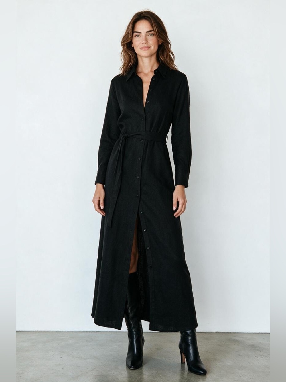 NWT Alice + Olivia Chassidy Linen Blend Maxi Shirtdress Black NWT Size M/8